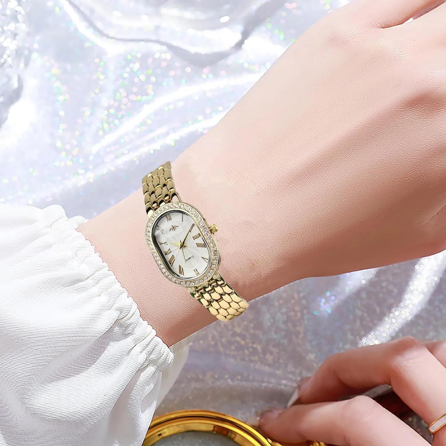 Stainless Steel Watch Band Waterproof Analog Quartz exogenous mermaid economical terrible chiefly Watch Women Vintage Gold Rome Watch Oval Case Adjustable 