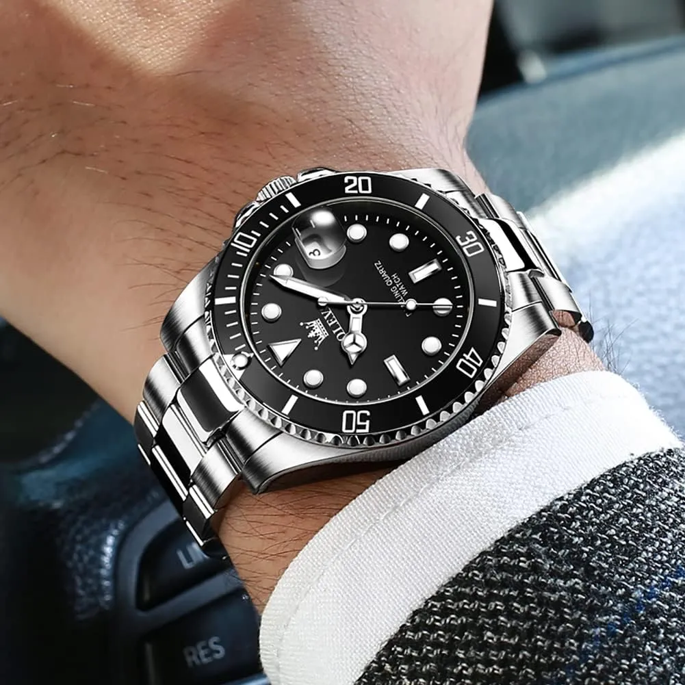 Stainless Steel Watch with Day Waterproof Analog Quartz Watches for Man Classic Business Wristwatch Luxury nominate Luminous Round for Men Rotatable Bezel Watch OLEVS Men Watch,Big Dial Watches for Men 
