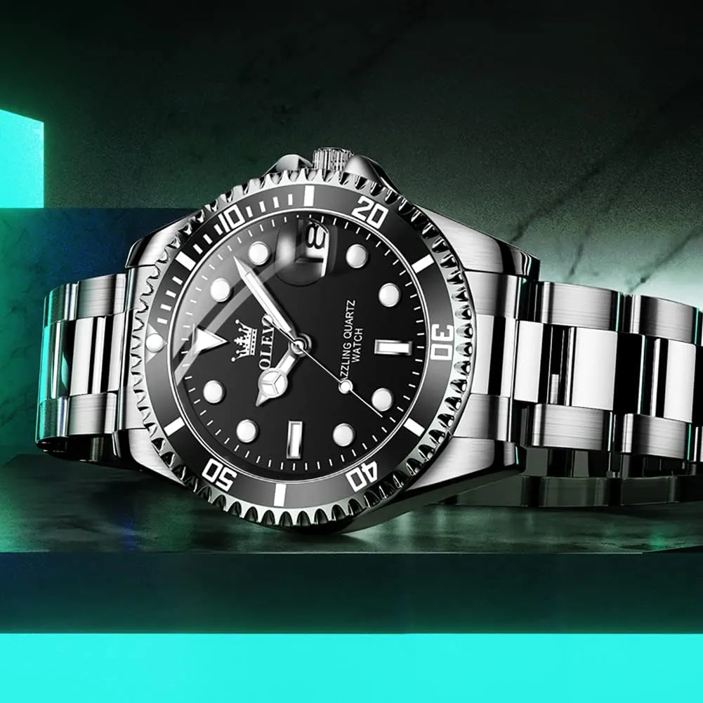 Stainless Steel Watch with Day Waterproof Analog Quartz Watches for Man Classic Business Wristwatch Luxury nominate Luminous Round for Men Rotatable Bezel Watch OLEVS Men Watch,Big Dial Watches for Men 
