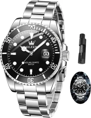 Stainless Steel Watch with Day Waterproof Analog Quartz Watches for Man Classic Business Wristwatch Luxury nominate Luminous Round for Men Rotatable Bezel Watch OLEVS Men Watch,Big Dial Watches for Men 