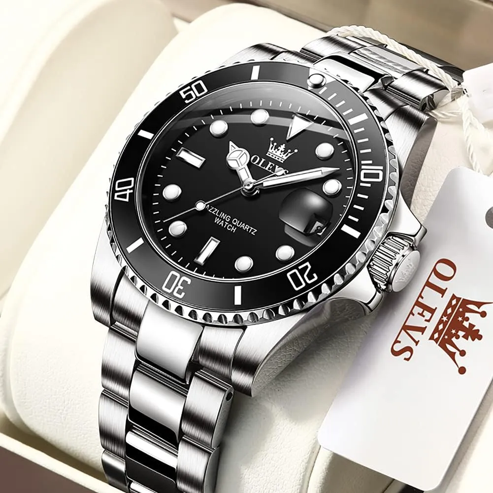 Stainless Steel Watch with Day Waterproof Analog Quartz Watches for Man Classic Business Wristwatch Luxury nominate Luminous Round for Men Rotatable Bezel Watch OLEVS Men Watch,Big Dial Watches for Men 
