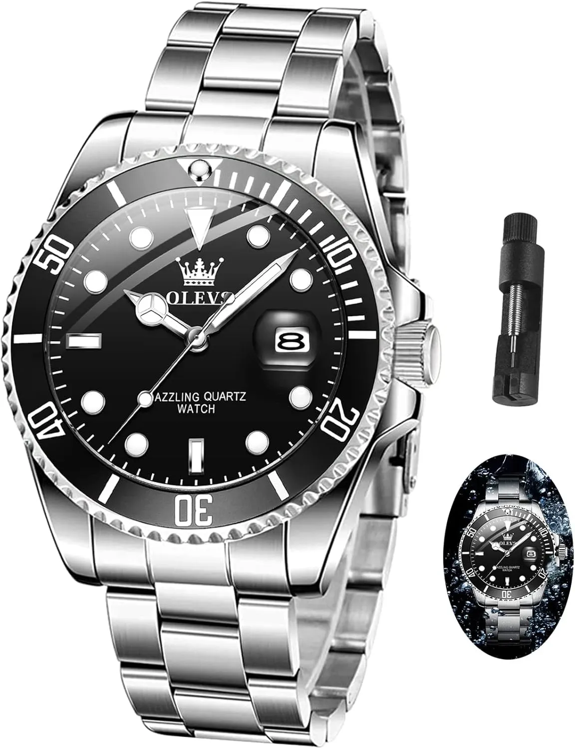 Stainless Steel Watch with Day Waterproof Analog Quartz Watches for Man Classic Business Wristwatch Luxury nominate Luminous Round for Men Rotatable Bezel Watch OLEVS Men Watch,Big Dial Watches for Men 