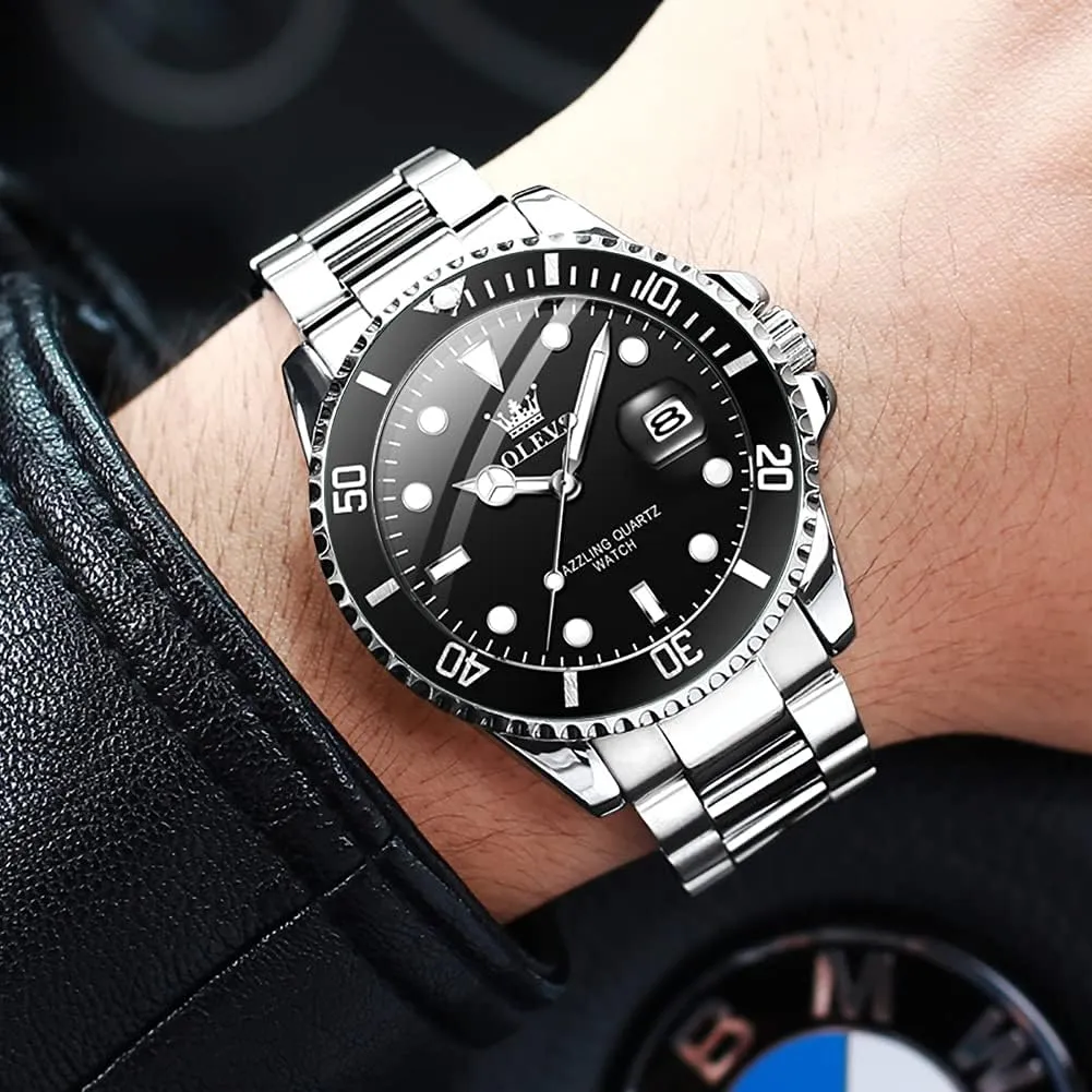 Stainless Steel Watch with Day Waterproof Analog Quartz Watches for Man Classic Business Wristwatch Luxury nominate Luminous Round for Men Rotatable Bezel Watch OLEVS Men Watch,Big Dial Watches for Men 
