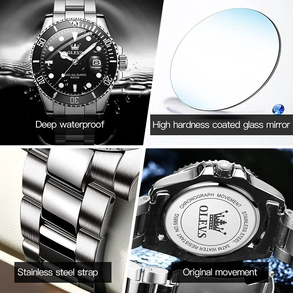 Stainless Steel Watch with Day Waterproof Analog Quartz Watches for Man Classic Business Wristwatch Luxury nominate Luminous Round for Men Rotatable Bezel Watch OLEVS Men Watch,Big Dial Watches for Men 
