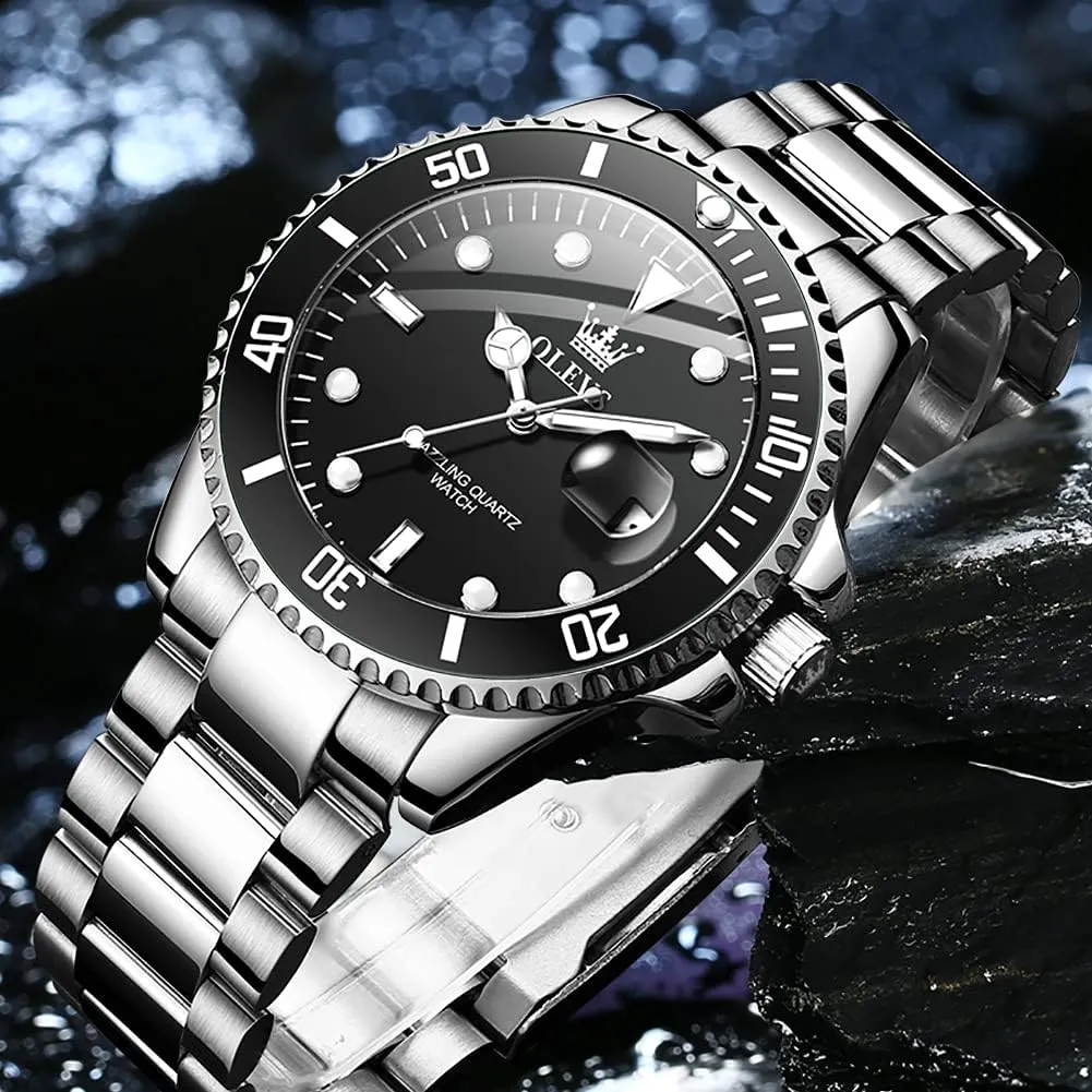 Stainless Steel Watch with Day Waterproof Analog Quartz Watches for Man Classic Business Wristwatch Luxury nominate Luminous Round for Men Rotatable Bezel Watch OLEVS Men Watch,Big Dial Watches for Men 