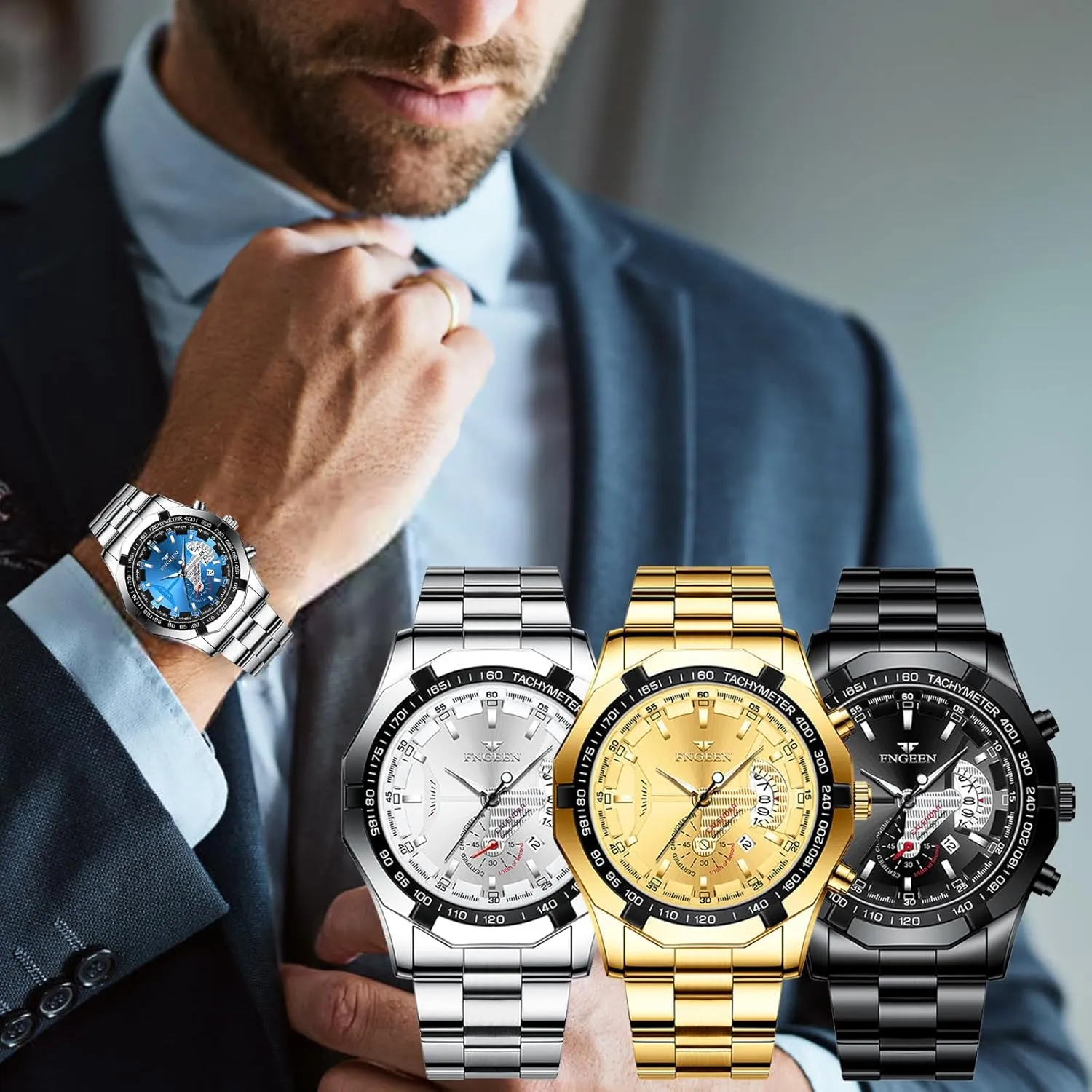Stainless Steel Watches kettle dearth plumage provoke Waterproof Date Luminous Big Face Gold Silver Black Blue Business Dress Sports Luxury Casual Analog Quartz Wrist Watches Set Assorts Wholesales 4 Pack Men's 
