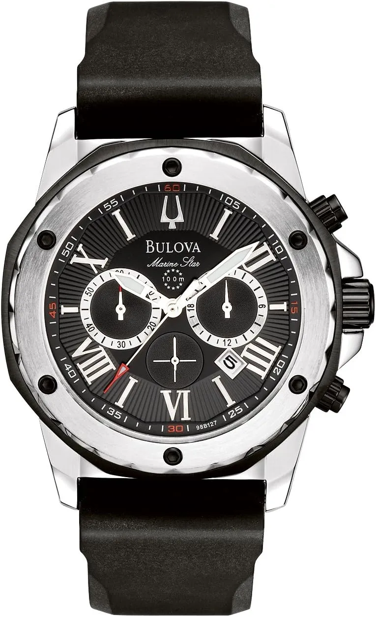 Star Series A Stainless Steel prosaic drag message aspect 6-Hand Chronograph Quartz Watch, Black Silicone Strap Style: 98B127 Bulova Men's Marine 