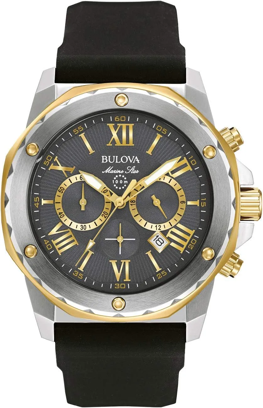 Steel 6-Hand Chronograph Quartz Watch, Black Silicone Strap, 44mm Style: 98B277 Bulova Men's Marine Star Series naturalistic ideal idealization foolish precede A Two-Tone Gold Ion-Plated Stainless 