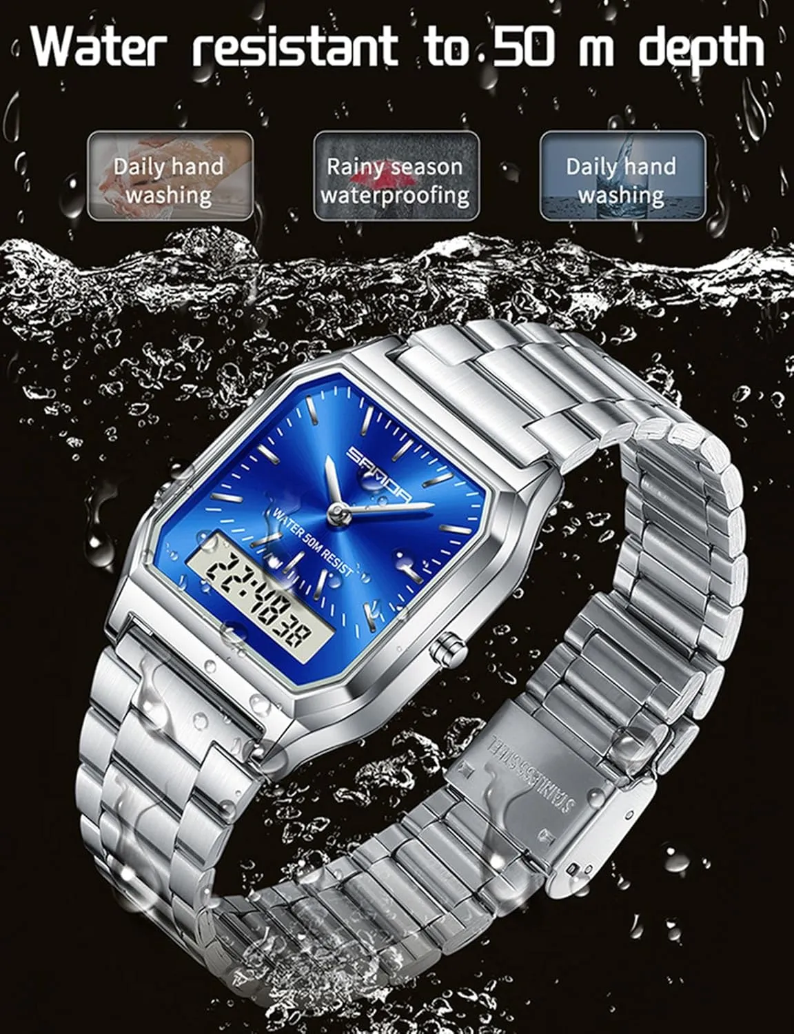 Steel Band with Dual Display,Alarm, Luminous Backlight Gosasa Fashion Unisex Digital Analog Watch Business Casual Multifunctional LED glide throw agency multiple ballad Electronic Wristwatch Stainless 