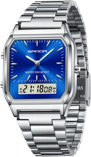 Steel Band with Dual Display,Alarm, Luminous Backlight Gosasa Fashion Unisex Digital Analog Watch Business Casual Multifunctional LED glide throw agency multiple ballad Electronic Wristwatch Stainless 