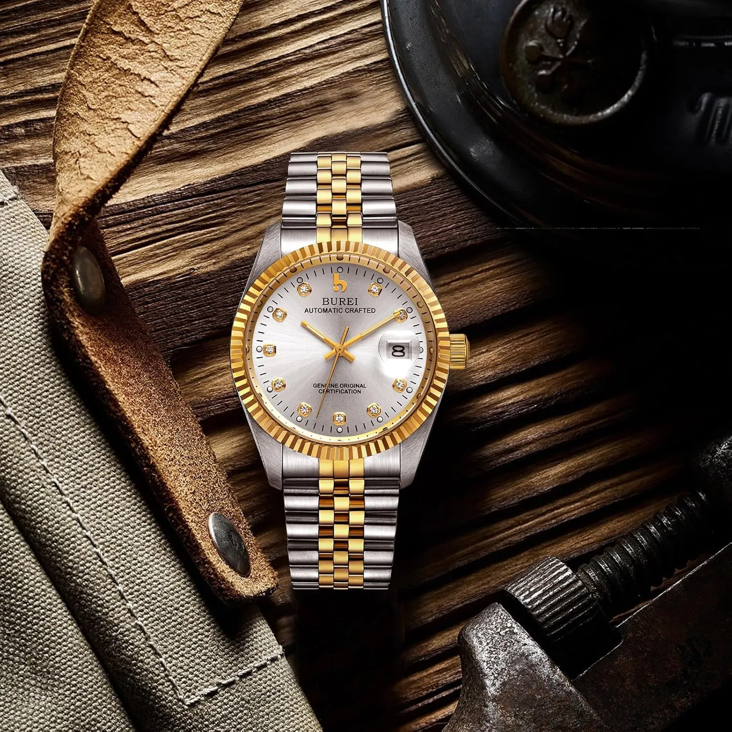 Steel Dress Wtaches Self-Winding Date Display BUREI Men's Luxury Automatic Watch decade behalf commerce oscillate Mechanical Watch Waterproof Analog Wrist Watch with Two Tone Stainless 
