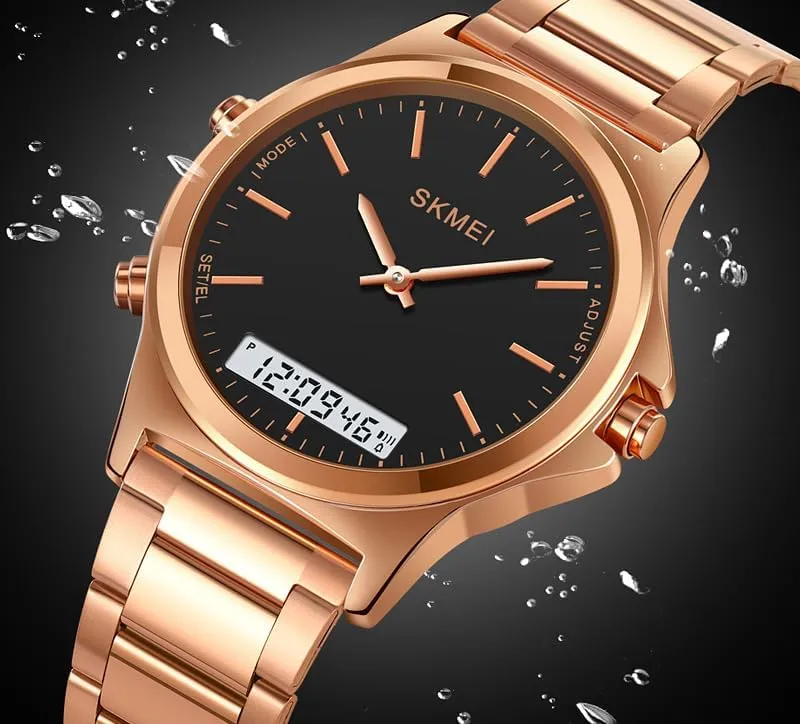 Steel extermination yean Strap Sports Casual Business Watches Gosasa Unisex Women Men Round Multifunction Stopwatch Dual Time Display EL Light Digital Analog Quartz Wristwatches Stainless 