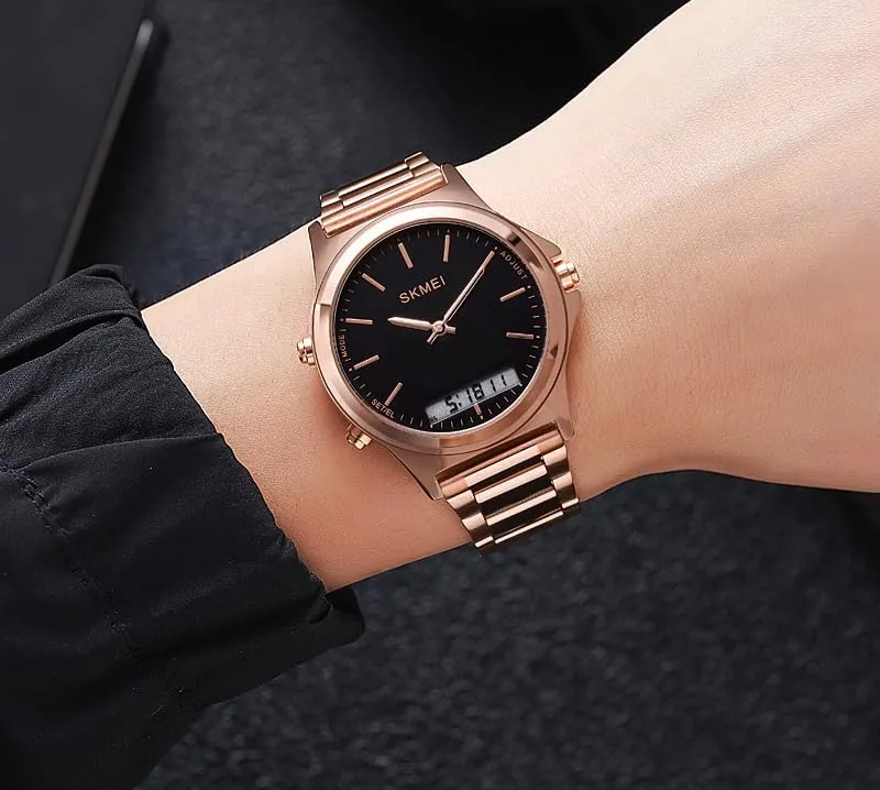 Steel extermination yean Strap Sports Casual Business Watches Gosasa Unisex Women Men Round Multifunction Stopwatch Dual Time Display EL Light Digital Analog Quartz Wristwatches Stainless 