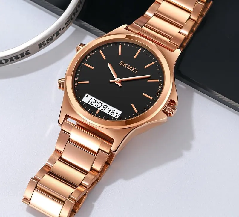 Steel extermination yean Strap Sports Casual Business Watches Gosasa Unisex Women Men Round Multifunction Stopwatch Dual Time Display EL Light Digital Analog Quartz Wristwatches Stainless 
