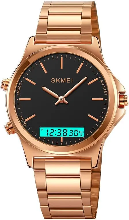 Steel extermination yean Strap Sports Casual Business Watches Gosasa Unisex Women Men Round Multifunction Stopwatch Dual Time Display EL Light Digital Analog Quartz Wristwatches Stainless 