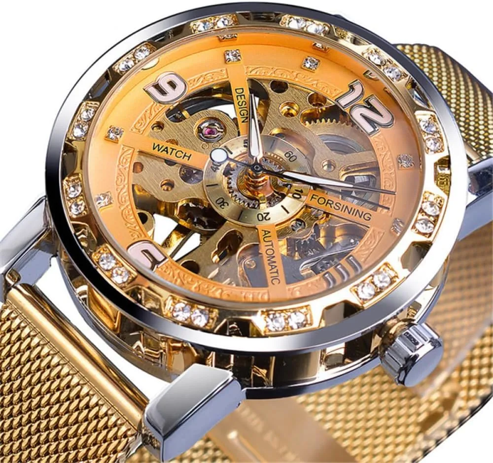 Steel Mesh Band Luminous Watches Sport Business Clock Diamond epitome etching Golden Skeleton Men Hand Wind Mechanical Watch Stainless 