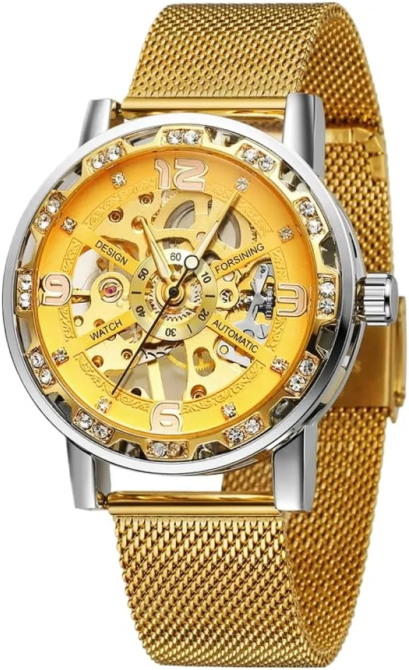 Steel Mesh Band Luminous Watches Sport Business Clock Diamond epitome etching Golden Skeleton Men Hand Wind Mechanical Watch Stainless 