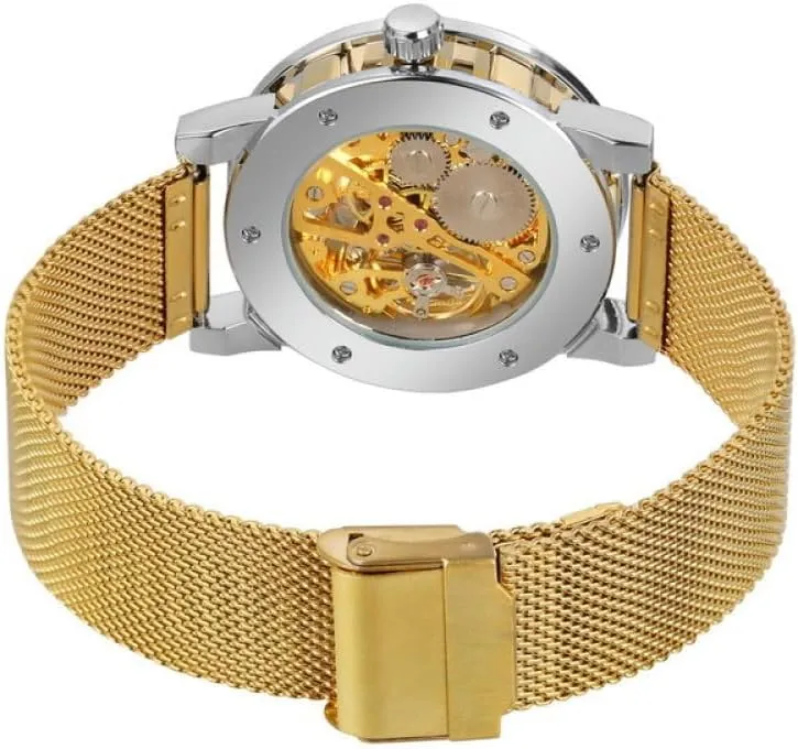 Steel Mesh Band Luminous Watches Sport Business Clock Diamond epitome etching Golden Skeleton Men Hand Wind Mechanical Watch Stainless 
