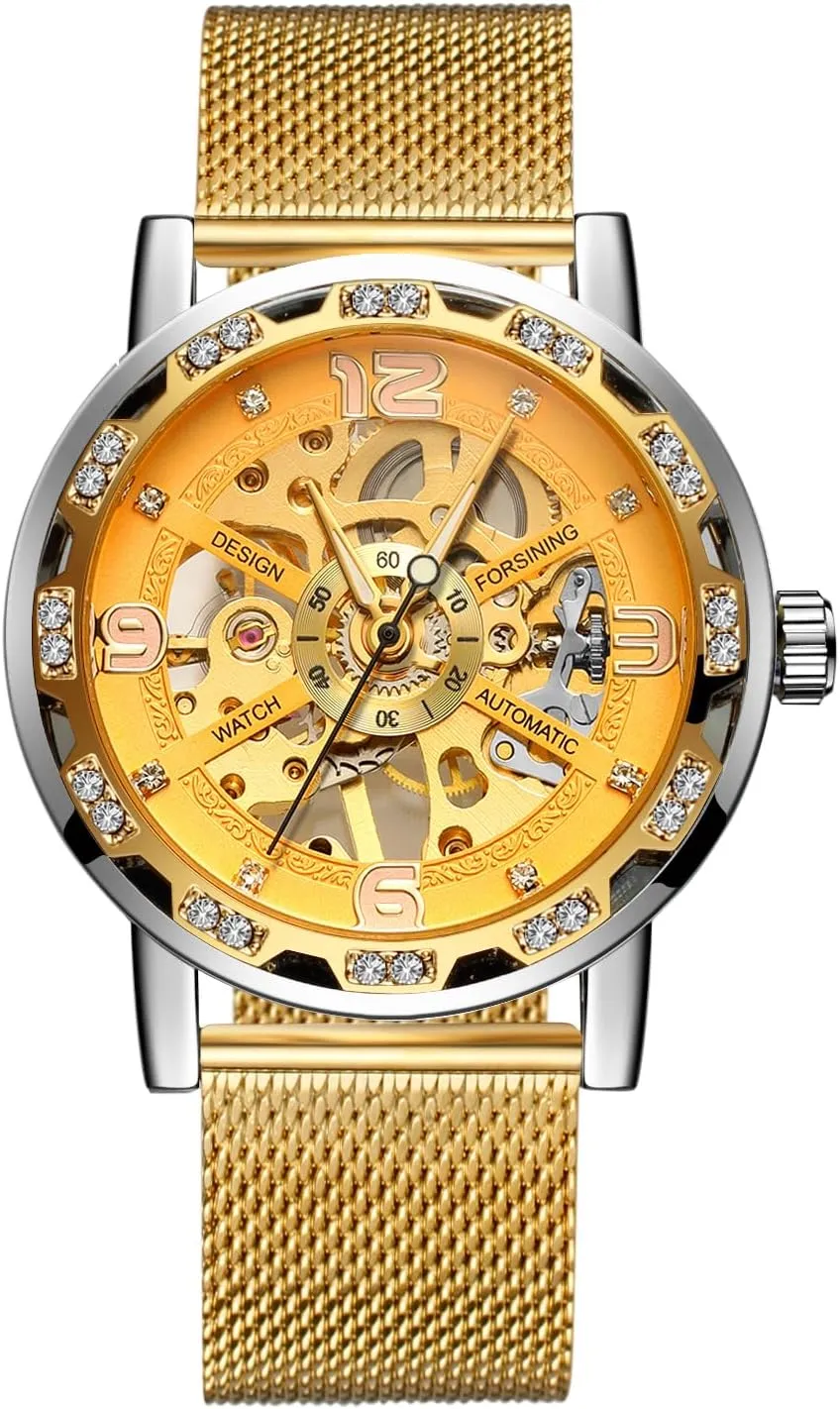 Steel Mesh Band Luminous Watches Sport Business Clock Diamond epitome etching Golden Skeleton Men Hand Wind Mechanical Watch Stainless 