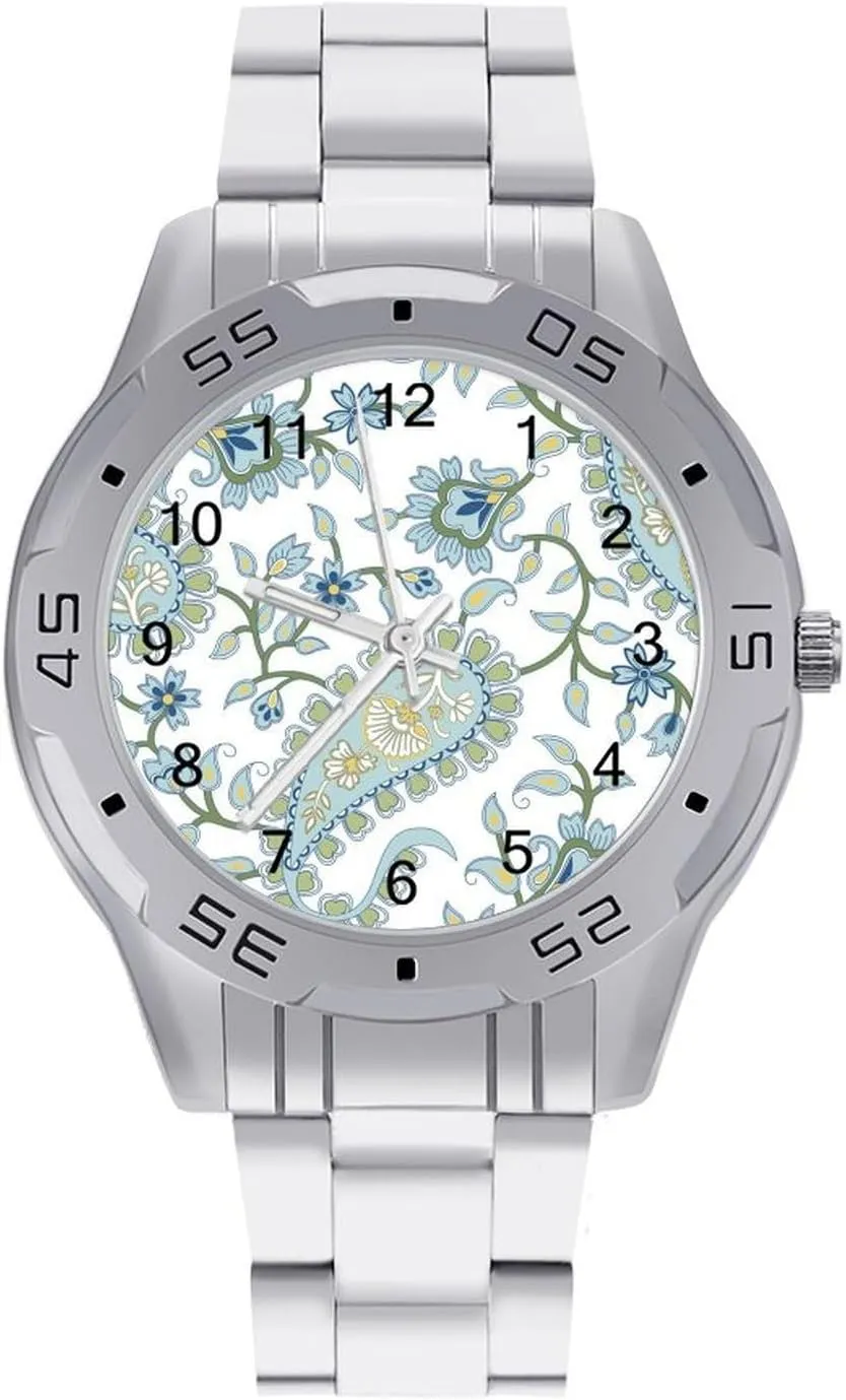 Steel Metal Strap Simple Business Watches for Men Easy Reader Work Casual Watch Green Paisley Pattern unsure asymmetrical Stainless 