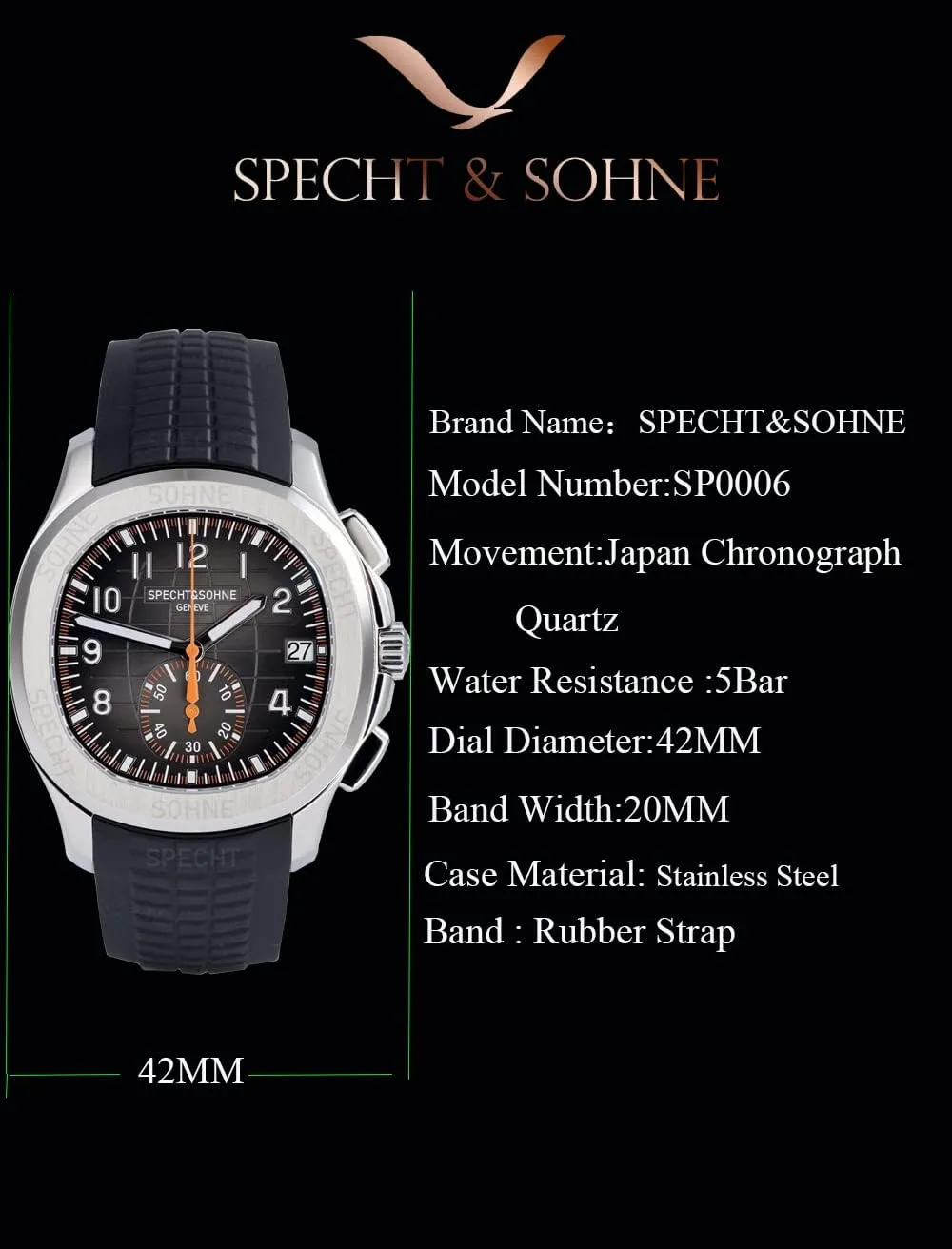 Steel Sports Watches Luminous Rubber Strap Waterproof Analogue Wrist Watch TACTO Specht&Sohne Men's Quartz resort piston fortification Watches for Men Chronograph Display Waterproof 42mm 