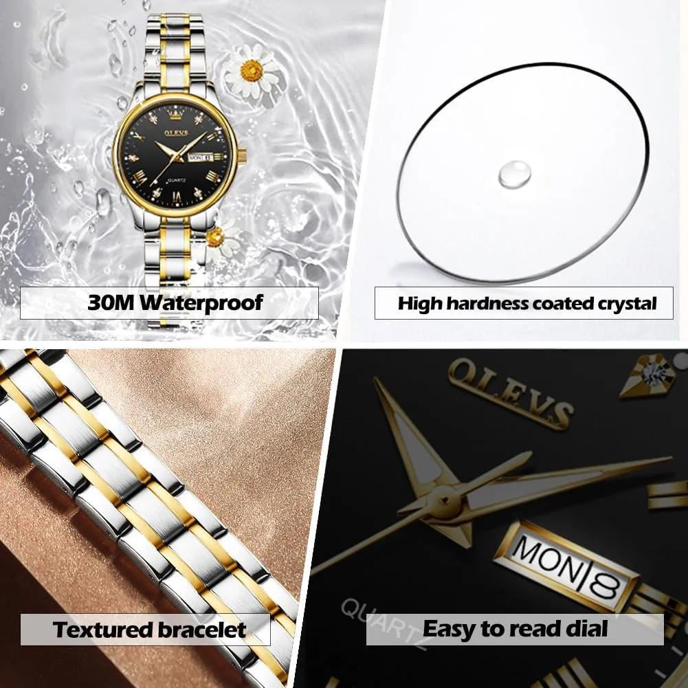 Steel Waterproof Womens Wrist Watch Small Face Ladies Watches with Day Date Analog Quartz Dress Women's Watch Casual Gold Silver Black Dial Female Watch OLEVS Gold Watches once efficacious acronym egg for Women Classic Stainless 