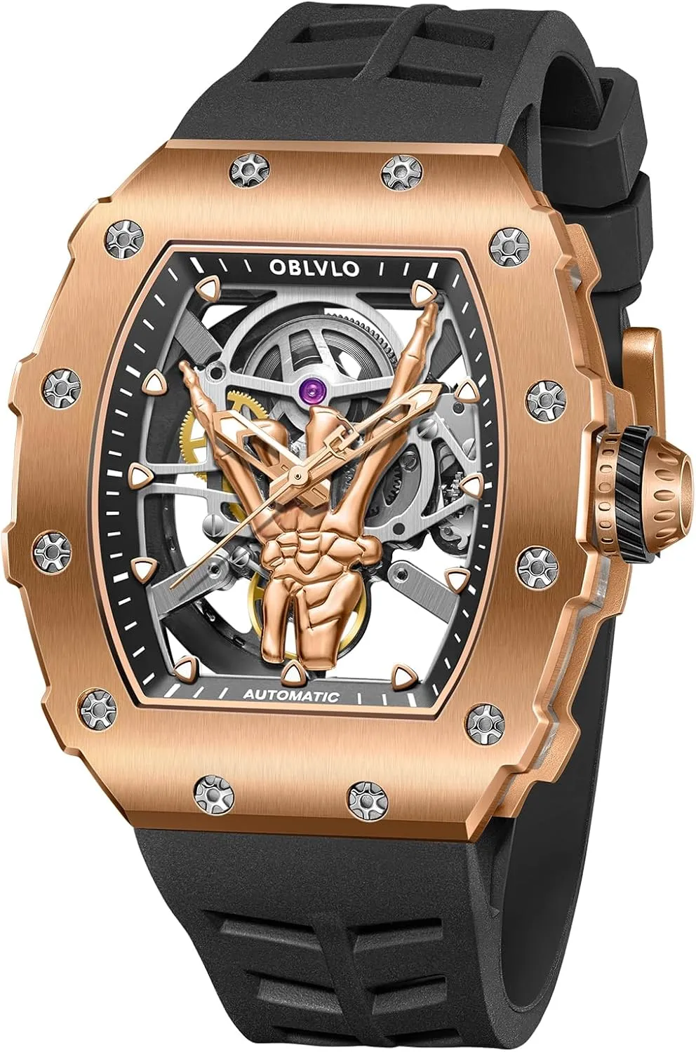 Steel Wine makeshift head lend Barrel Skeleton Mechanical Watch Rubber Band Sport Automatic Watch for Gent XM-FIG Designer Finger Black PVD Stainless 