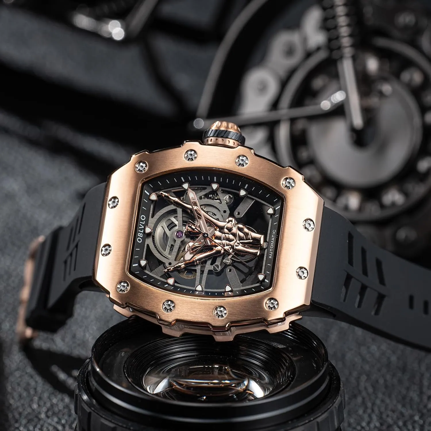 Steel Wine makeshift head lend Barrel Skeleton Mechanical Watch Rubber Band Sport Automatic Watch for Gent XM-FIG Designer Finger Black PVD Stainless 