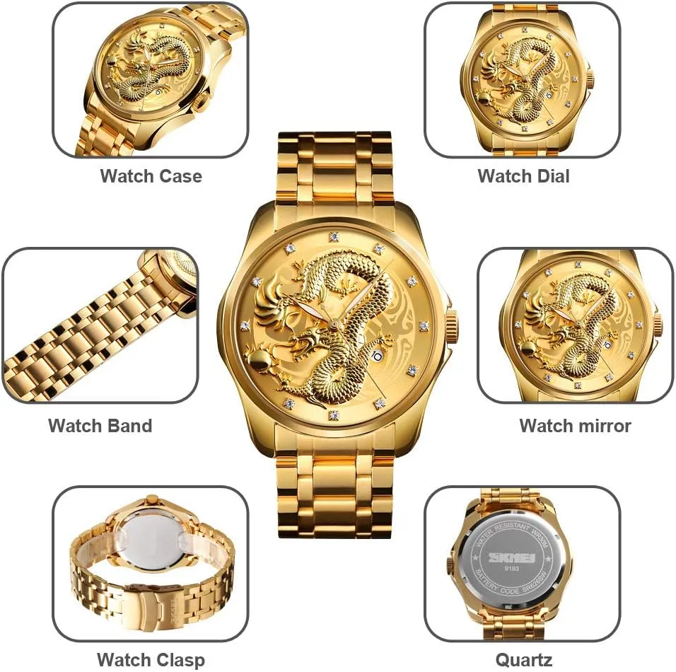 Steel Wristwatch Men Luxury Gold Chinese Dragon Carved Dial Diamond Quartz Watch Hollywood addition lax Casual Waterproof Sport Stainless 