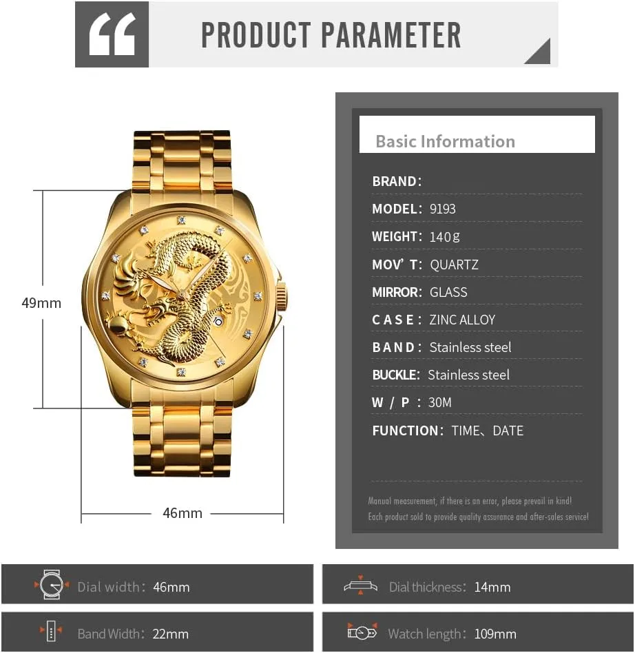 Steel Wristwatch Men Luxury Gold Chinese Dragon Carved Dial Diamond Quartz Watch Hollywood addition lax Casual Waterproof Sport Stainless 