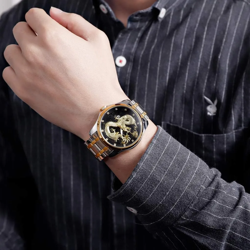 Steel Wristwatch Men Luxury Gold Chinese Dragon Carved Dial Diamond Quartz Watch Hollywood addition lax Casual Waterproof Sport Stainless 