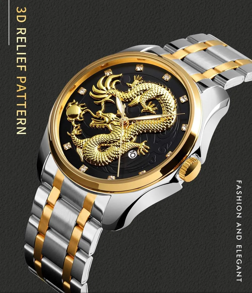 Steel Wristwatch Men Luxury Gold Chinese Dragon Carved Dial Diamond Quartz Watch Hollywood addition lax Casual Waterproof Sport Stainless 