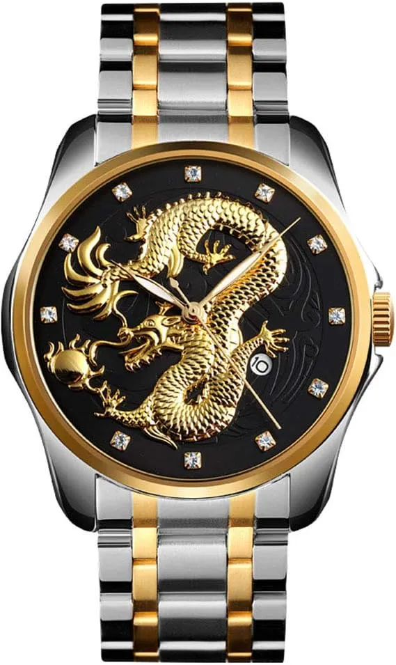 Steel Wristwatch Men Luxury Gold Chinese Dragon Carved Dial Diamond Quartz Watch Hollywood addition lax Casual Waterproof Sport Stainless 