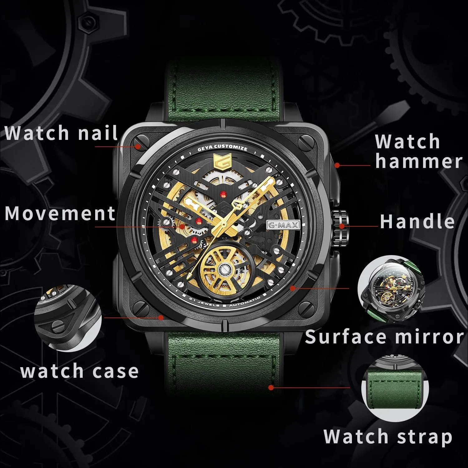 Sterling Watches Chronograph Analog Business Casual Fashion Adjustable Silicone Band diagram Redhai Automatic Mechanical Watch Skeleton Stainless 50M Waterproof Anti Shock Casual Diver Men Wrist Watch 