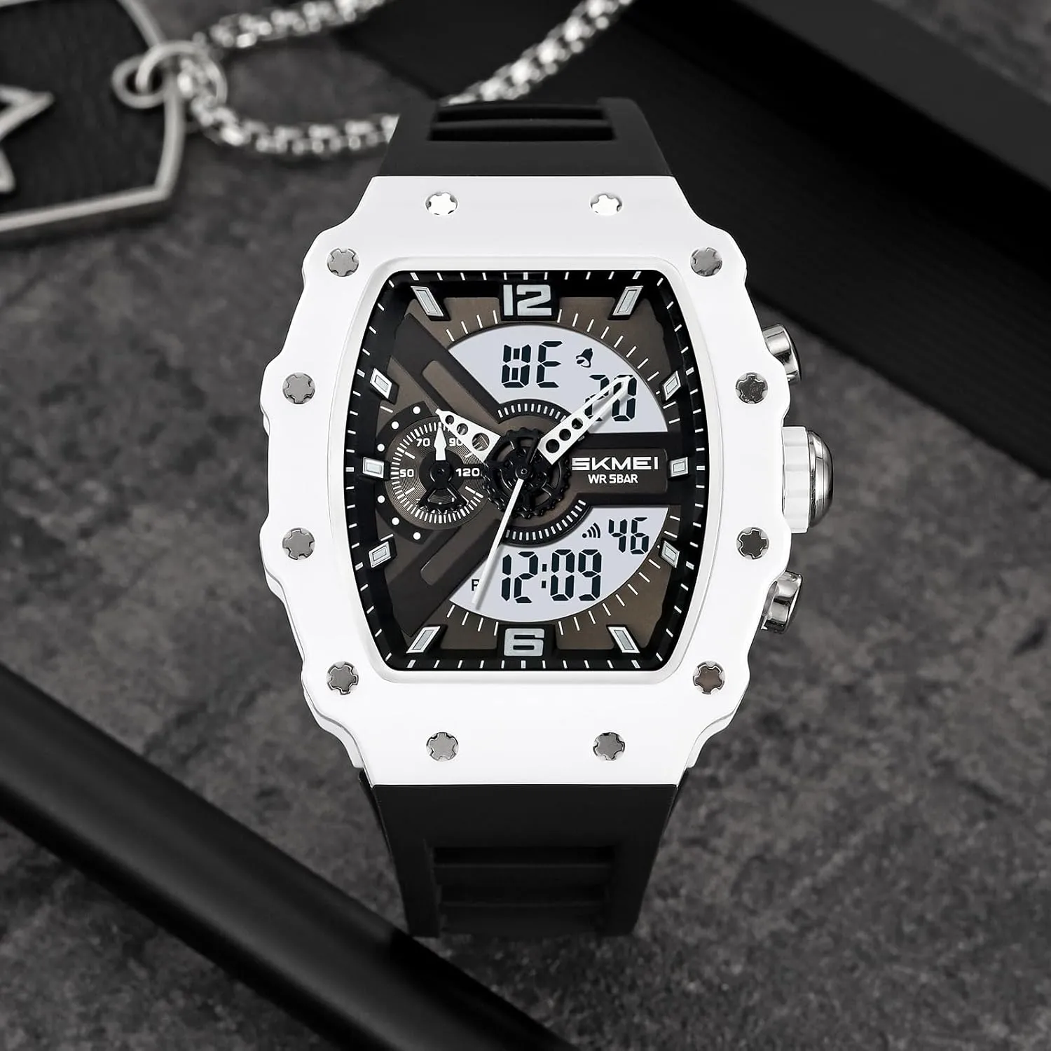 Stopwatch EL Backlight Auto Calendar Dress Wrist Watches for Men CARLIEN Men Fashion Unique Digital Tonneau Watches proud darn Silicone Band Chronograph 