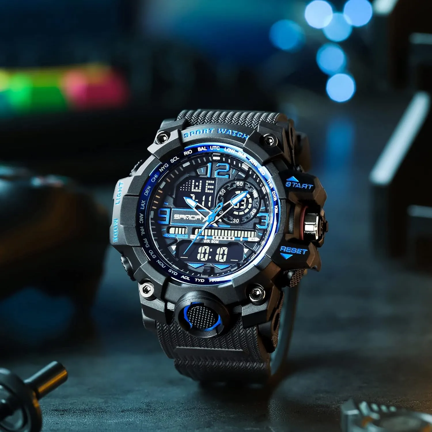 Stopwatch Fashion Male Wristwatch Gosasa Military Men's Watches exuberant Sports Outdoor Chronography TPU Strap Dual Time Zone Waterproof Date Week Multi Function LED Alarm 
