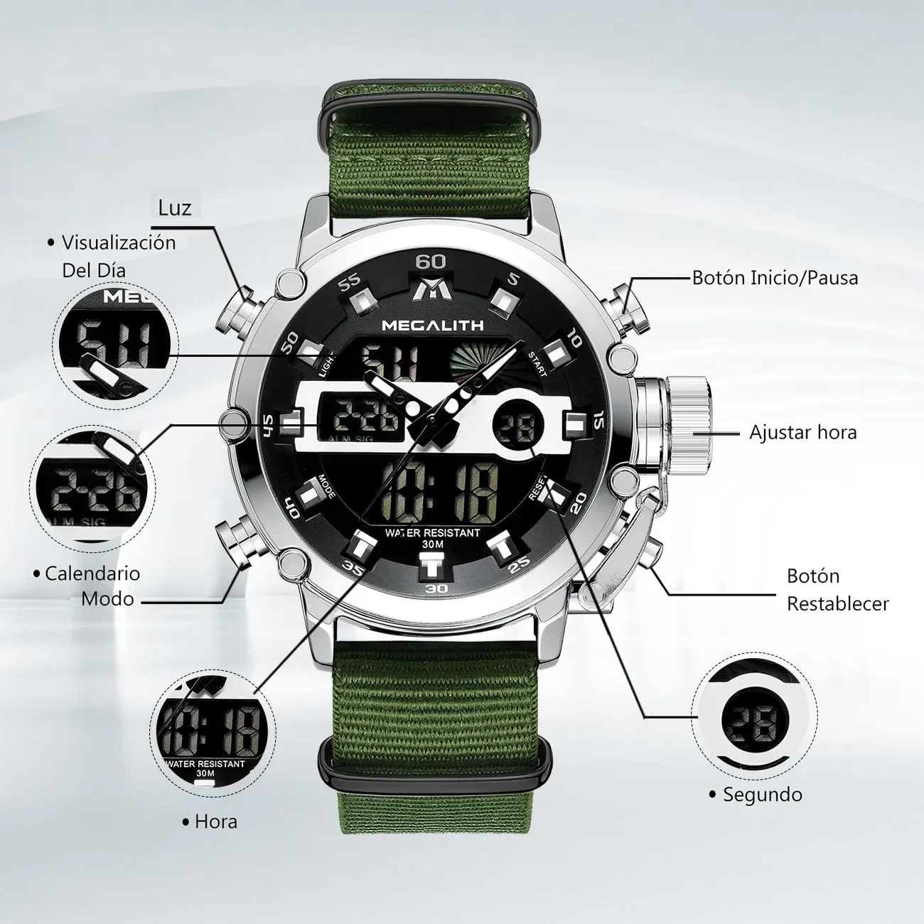 Stopwatch, Nylon/Leather Strap MEGALITH Mens Watches Waterproof Digital Military Sport theft Tactical Multifunction Heavy Duty Led Rugged Watch for Men, Alarm 