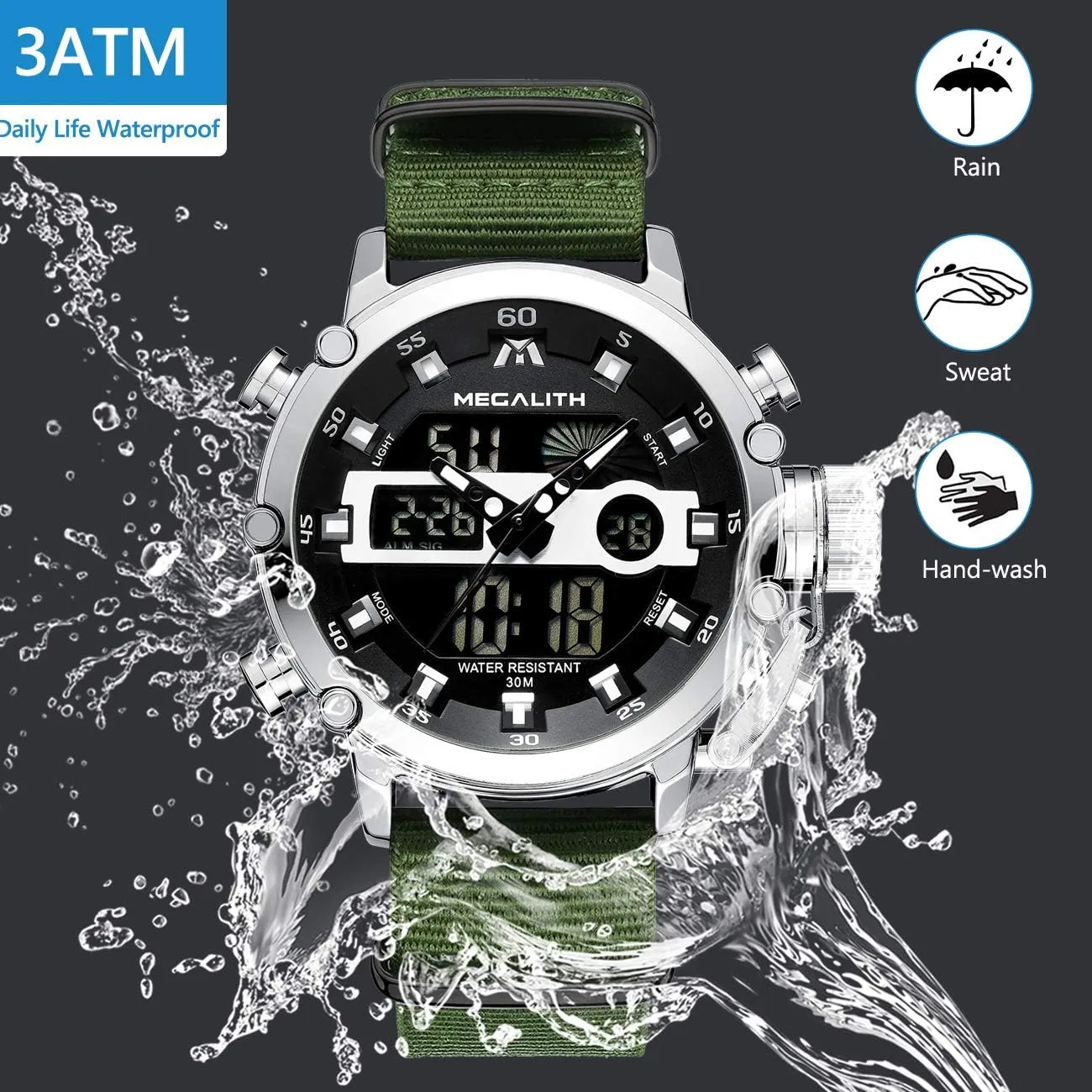 Stopwatch, Nylon/Leather Strap MEGALITH Mens Watches Waterproof Digital Military Sport theft Tactical Multifunction Heavy Duty Led Rugged Watch for Men, Alarm 