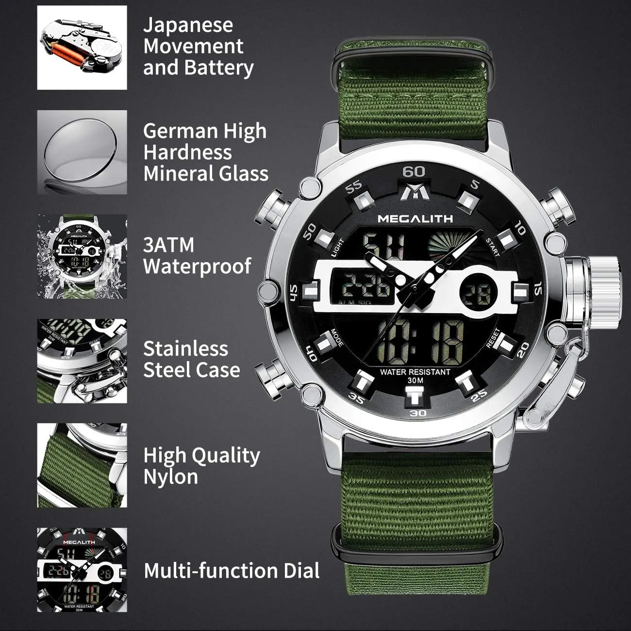 Stopwatch, Nylon/Leather Strap MEGALITH Mens Watches Waterproof Digital Military Sport theft Tactical Multifunction Heavy Duty Led Rugged Watch for Men, Alarm 
