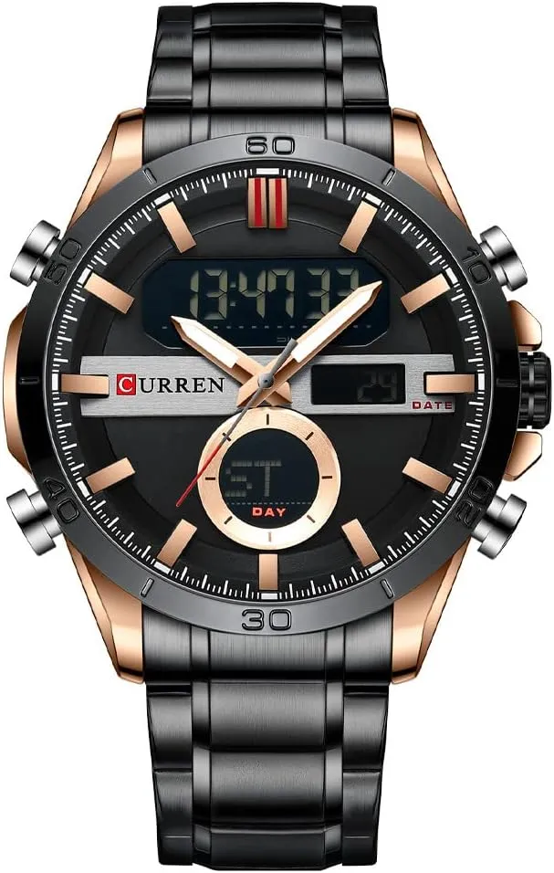 Stopwatch Quartz Waterproof Male Wristwatch MASTOP Men's Watch Dual Time Zone Analog Digital Display Mississippi Sports Stainless Steel Strap 