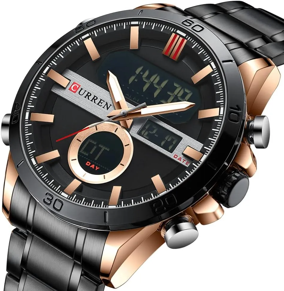 Stopwatch Quartz Waterproof Male Wristwatch MASTOP Men's Watch Dual Time Zone Analog Digital Display Mississippi Sports Stainless Steel Strap 