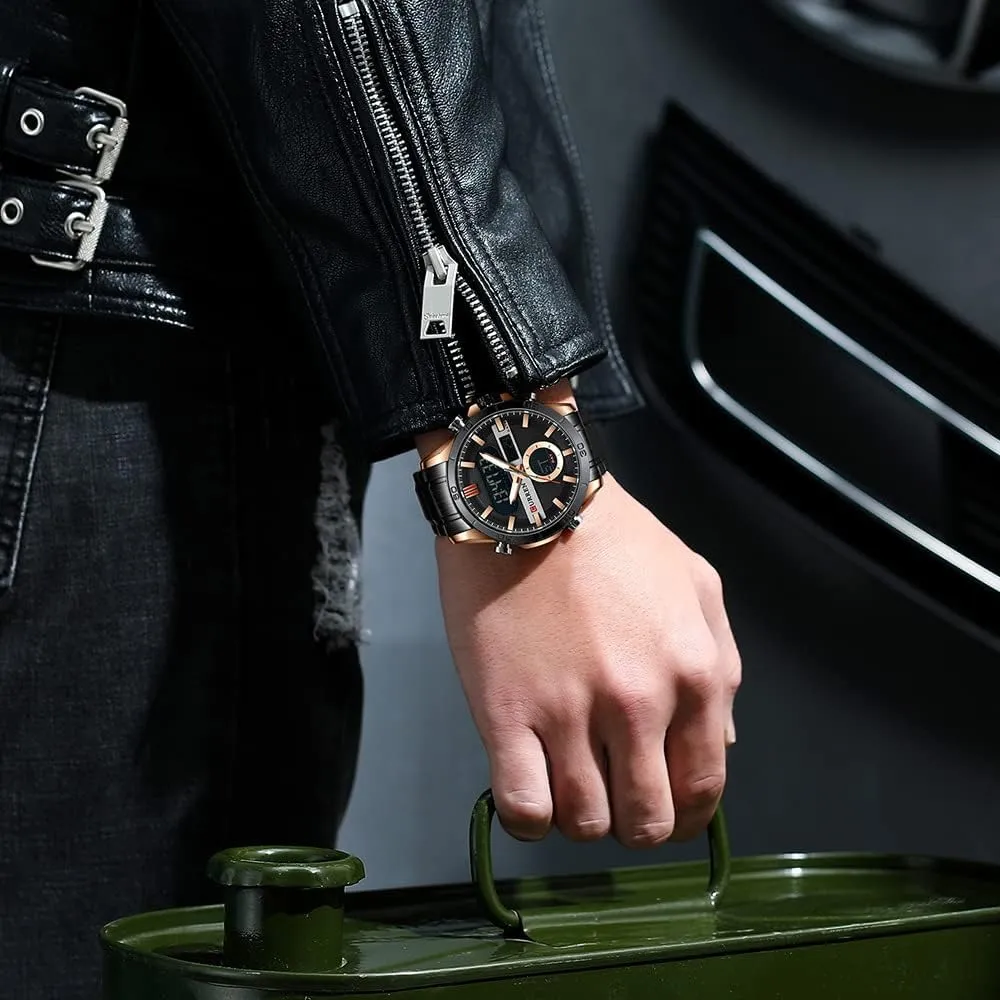 Stopwatch Quartz Waterproof Male Wristwatch MASTOP Men's Watch Dual Time Zone Analog Digital Display Mississippi Sports Stainless Steel Strap 