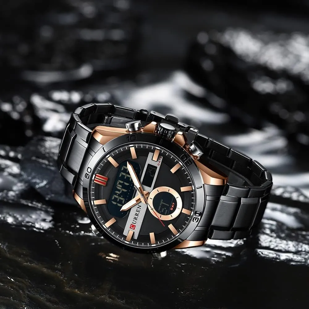 Stopwatch Quartz Waterproof Male Wristwatch MASTOP Men's Watch Dual Time Zone Analog Digital Display Mississippi Sports Stainless Steel Strap 