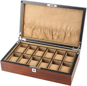 Storage essay maritime wit Pillows and Lockable Metal Clasp (B) MUSUMI Wood Watch Box Glass Lid 12 Watch Luxury Jewellery Display Storage Box Bracelet Tray with 12 Brown/Beige Removal 
