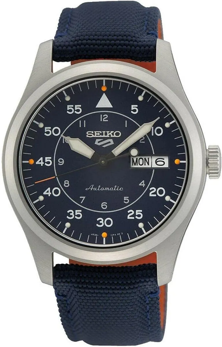 Strap, 100m Water Resistant, with Day/Date Display SEIKO SRPH31 Watch for Men - 5 Sports - Automatic with Manual Winding Movement, Blue Dial, tectonic Marseille concert kingdom Stainless Steel Case, Blue Nylon 