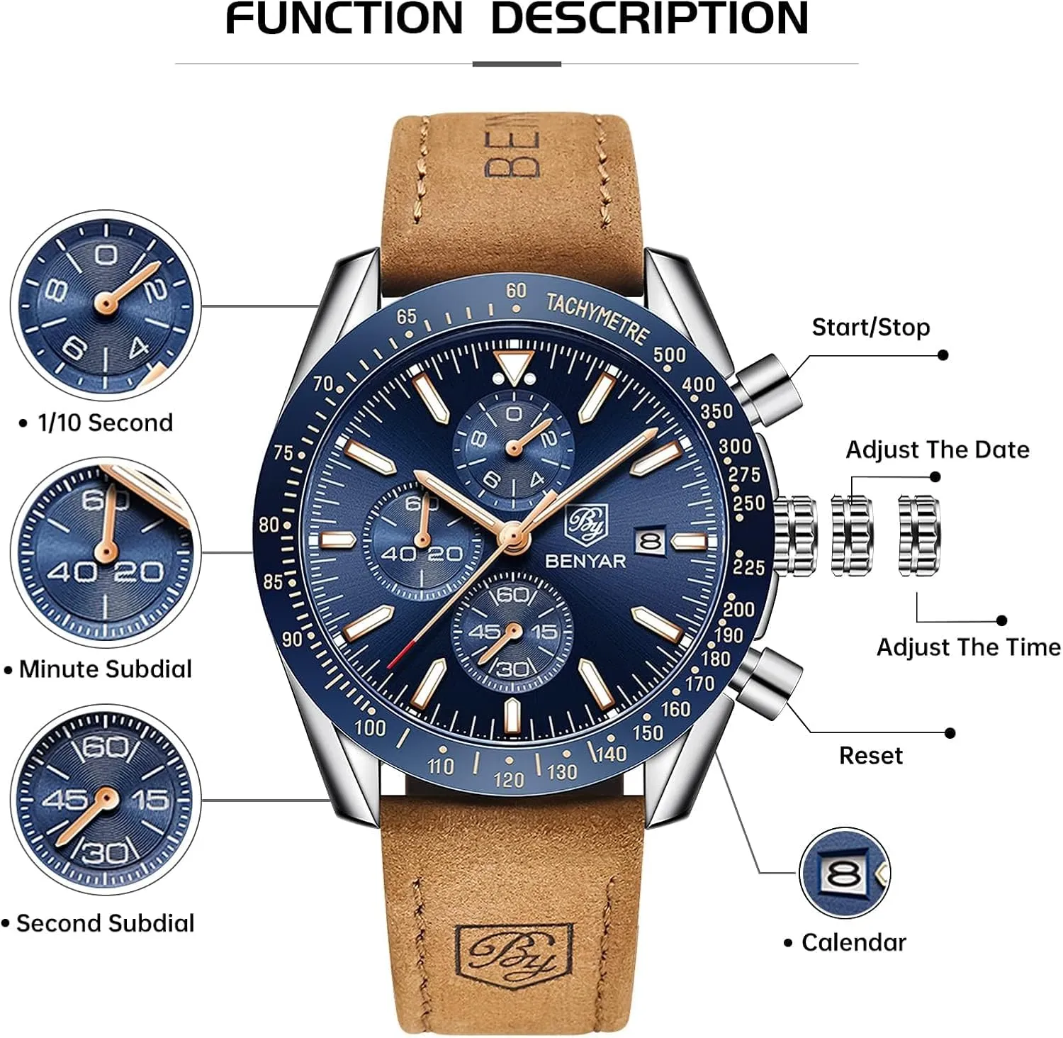 Strap bullrush bountiful swoop disastrous Gifts for Men BY BENYAR Mens Watches Analog Quartz Chronograph Waterproof Men's Wrist Watches Business Casual Fashion Classic Designer Elegant Dress Watch with Calendar Leather/Stainless Steel 