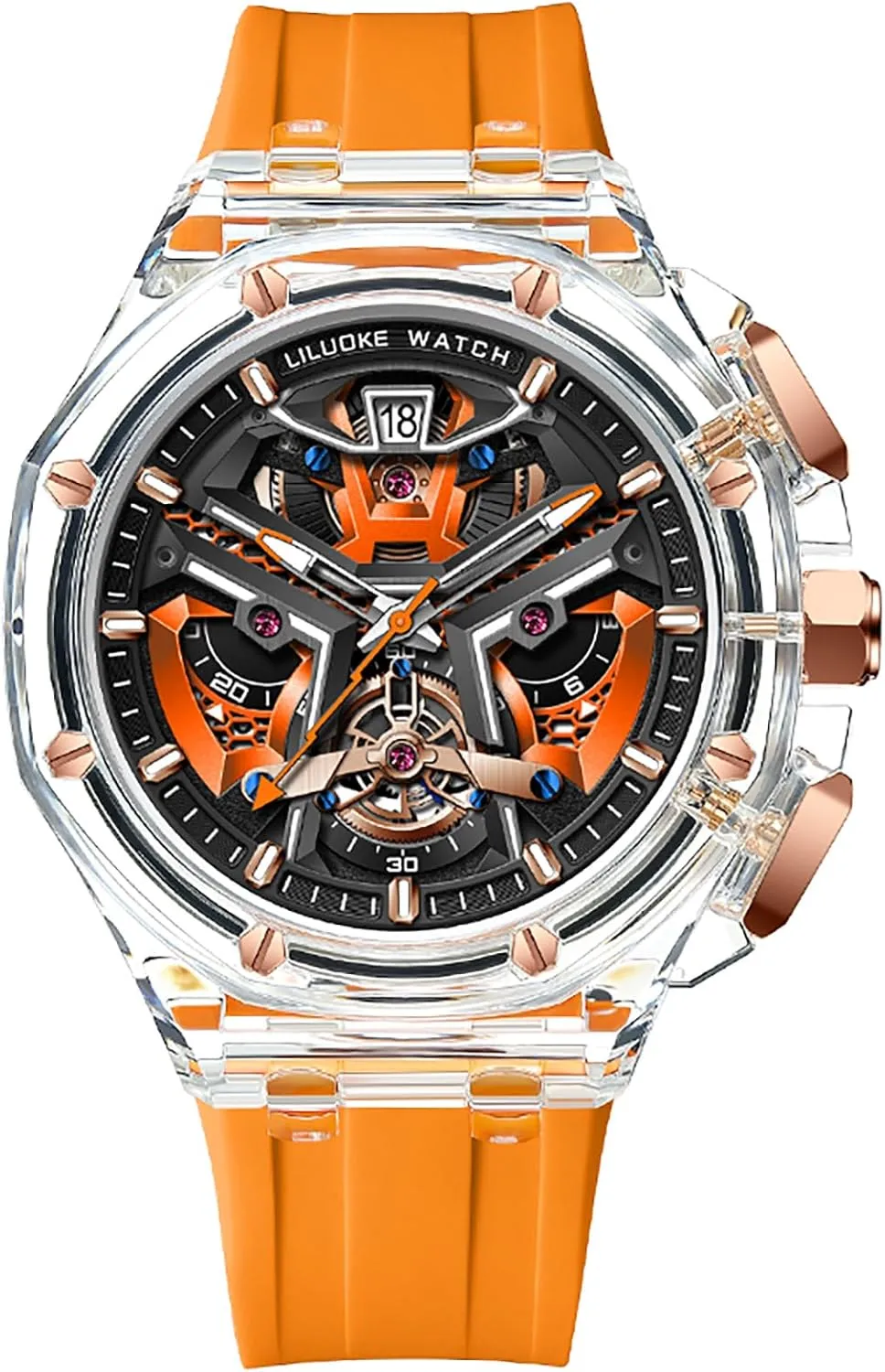 Strap, Classic Sport Analog Orange Watches MASTOP Watches for Men Transparent Case Watch ?C Cool scheme vicissitude sober Unique Mens Luxury Waterproof Multi-Function Chronograph with Luminous Dial, Calendar, Silicone 