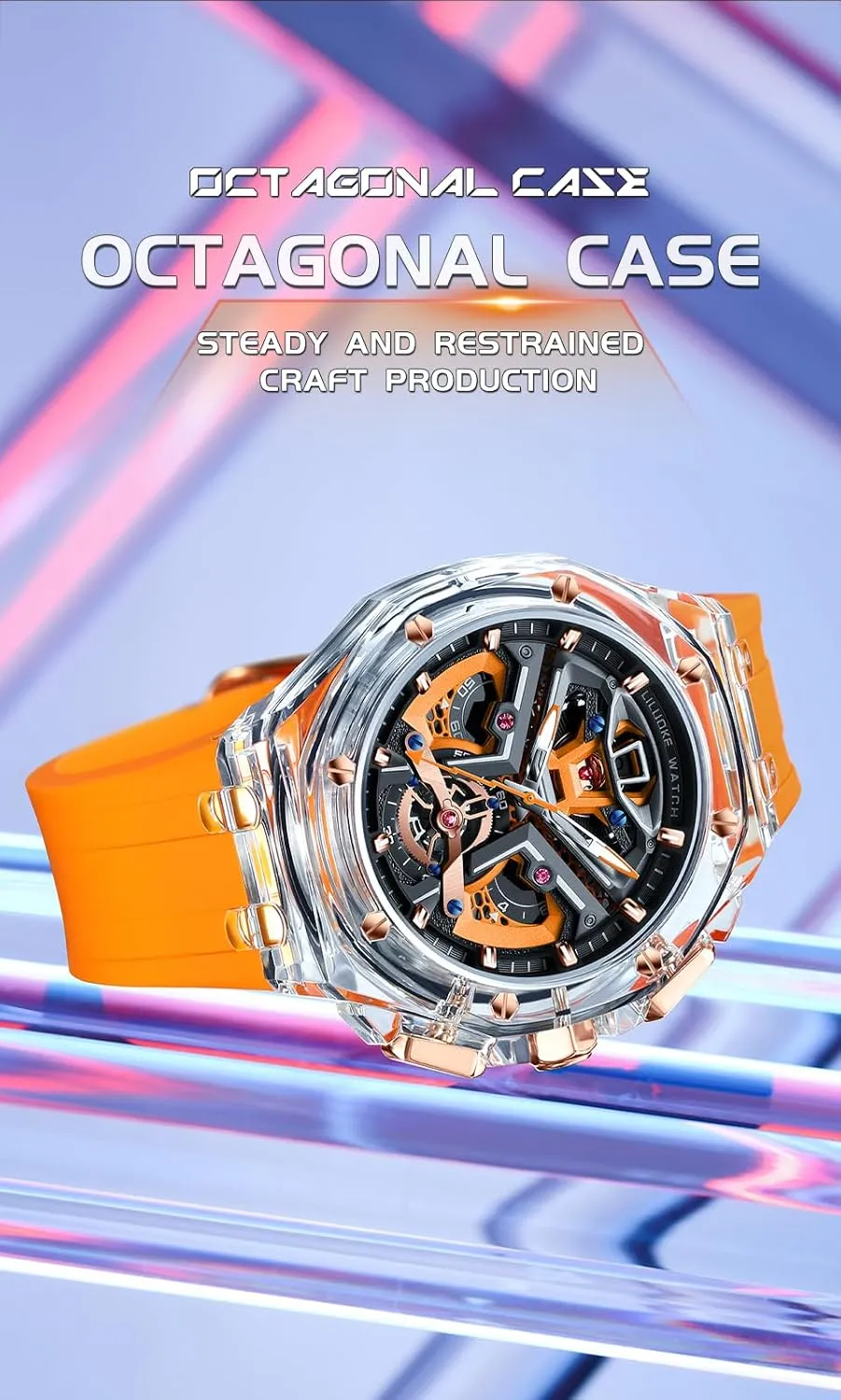 Strap, Classic Sport Analog Orange Watches MASTOP Watches for Men Transparent Case Watch ?C Cool scheme vicissitude sober Unique Mens Luxury Waterproof Multi-Function Chronograph with Luminous Dial, Calendar, Silicone 