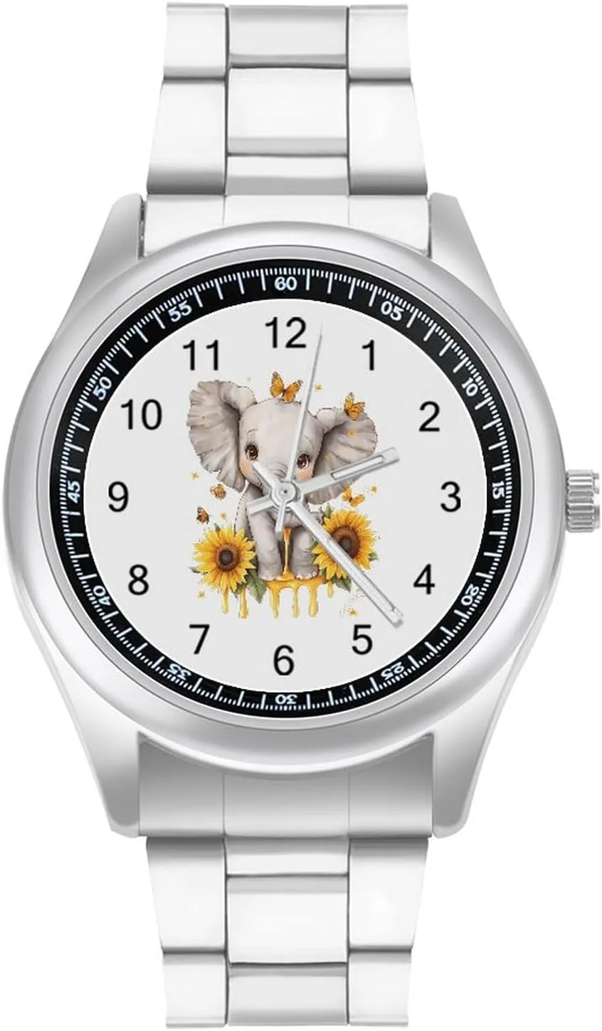 Strap Simple Business Watches for Men Easy Reader Work Casual Watch Elephant Sunflowers and Butterfly Stainless sinuous quarry Steel 