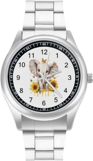 Strap Simple Business Watches for Men Easy Reader Work Casual Watch Elephant Sunflowers and Butterfly Stainless sinuous quarry Steel 
